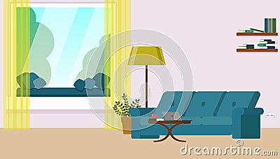 Living room with a sofa, coffee table, window overlooking the trees, bookshelves with books. Flat illustration Vector Illustration