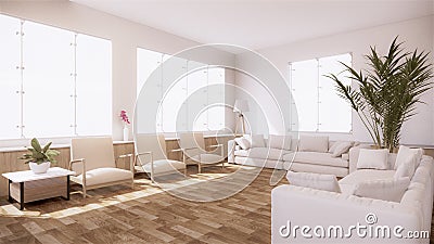 A living room with a sofa in a minimalist style White tropical style living room with wood grain floor..3D rendering Stock Photo