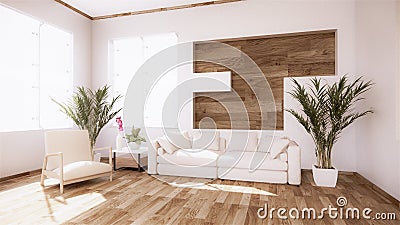 A living room with a sofa in a minimalist style White tropical style living room with wood grain floor..3D rendering Stock Photo