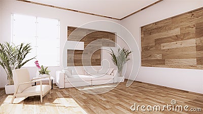 A living room with a sofa in a minimalist style White tropical style living room with wood grain floor..3D rendering Stock Photo