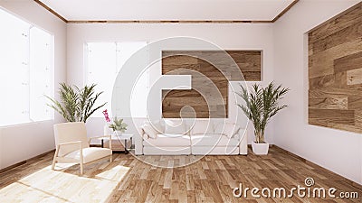 A living room with a sofa in a minimalist style White tropical style living room with wood grain floor..3D rendering Stock Photo