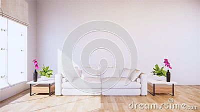 A living room with a sofa in a minimalist style White tropical style living room with wood grain floor..3D rendering Stock Photo