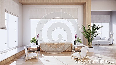 A living room with a sofa in a minimalist style White tropical style living room with wood grain floor..3D rendering Stock Photo