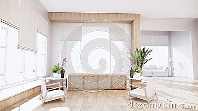 A living room with a sofa in a minimalist style White tropical style living room with wood grain floor..3D rendering Stock Photo