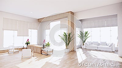 A living room with a sofa in a minimalist style White tropical style living room with wood grain floor..3D rendering Stock Photo