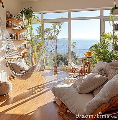 The living room is spacious and bright, with large windows overlooking the ocean, a comfortable chair and a hammock for relaxation Stock Photo