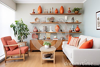 living room with terracotta pottery collection on shelves Stock Photo