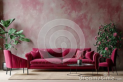 Living room in trend viva magenta color 2023 year. A bright sofa accent. Plaster microcement wall background. Crimson, burgundy, Stock Photo