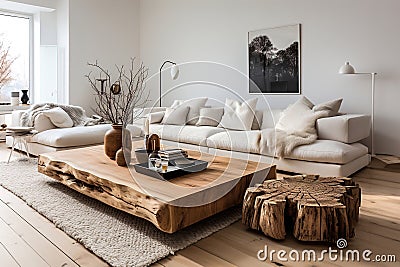 Living room with white sofa and heavy wooden table on white fluffy carpet Stock Photo