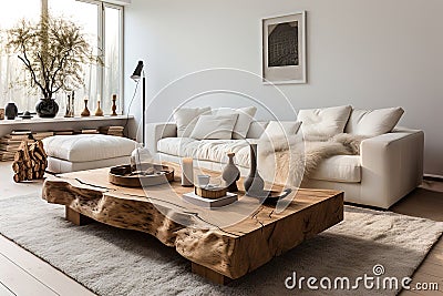 Living room with white sofa and heavy wooden table on white fluffy carpet Stock Photo