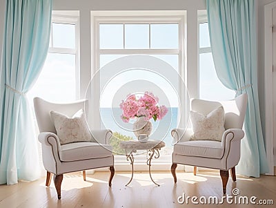 A living room with 2 wingback chairs with stained wood legs in front of a large window overlooking the ocean. Stock Photo