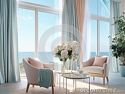 A living room with 2 wingback chairs with stained wood legs in front of a large window overlooking the ocean. Stock Photo