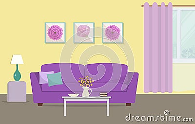 Living room in a yellow and purple colors Vector Illustration