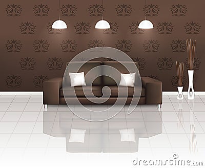 Living Space with Brown Sofa Vector Illustration