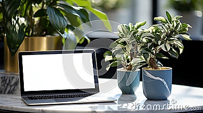 Livingroom exotic leaves pots ai generated laptop template Stock Photo