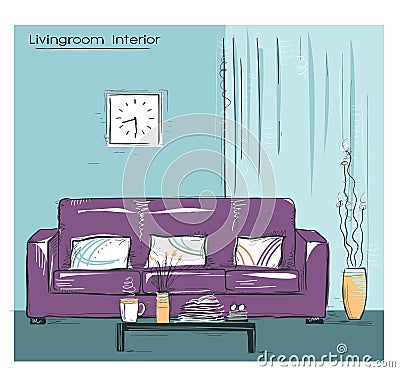 Livingroom interior place with couch.Hand drawn color sketch Vector Illustration