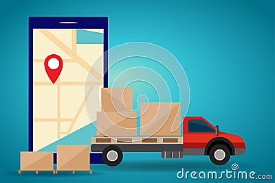 Truck with packages and smartphone, with tracking location, delivery concept Vector Illustration