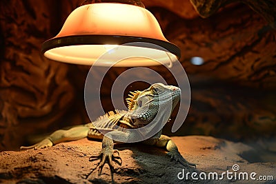 lizard basking under a lamp in a vivarium Stock Photo