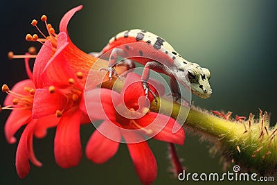lizard feasting on a ladybug on a flower Stock Photo
