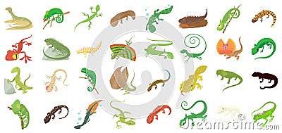 Lizard icon set, cartoon style Vector Illustration