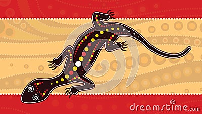 Lizard vector, Aboriginal art background with lizard, Landscape Illustration based on aboriginal style of dot painting. Vector Illustration