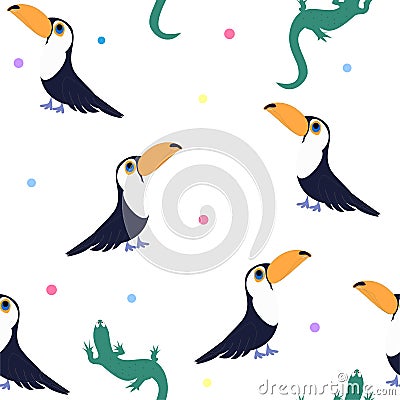 Childish pattern with toucans and lizards Vector Illustration