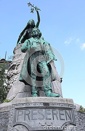 Ljubljana, L, Slovenia - August 15, 2023: Statue of France Preseren a 19th century Romantic Slovene poet in the main square Editorial Stock Photo