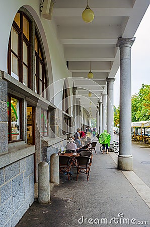 Ljubljana Market arcade on the Ljubljanica river...IMAGE Editorial Stock Photo