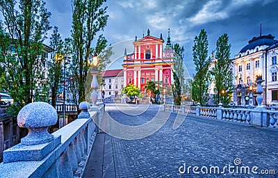 Ljubljana, Slovenia. Cathedral and Triple Bridge , twilight blue hour Editorial Stock Photo