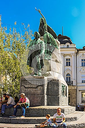 Preseren Statue is a late Historicist bronze statue of the Slovene national poet France Preseren Editorial Stock Photo