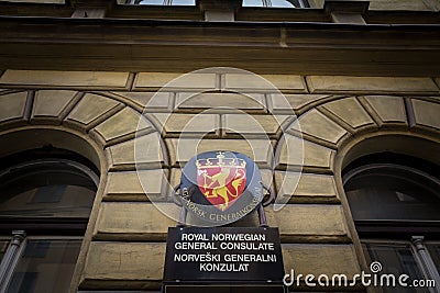 Sign indicating the Norwegian embassy Norsk Konsulat of Ljubljana. Editorial Stock Photo