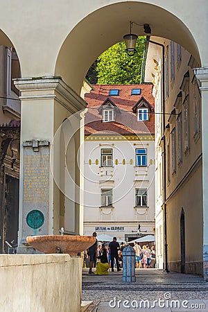 LJUBLJANA, SLOVENIA, 5th AUGUST 2019: Arch in the streets of the historic center Editorial Stock Photo