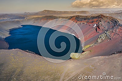 LjÃ³tipollur Volcano Crater Lake in Iceland.Picture made by drone from above Stock Photo
