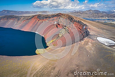 LjÃ³tipollur Volcano Crater Lake in Iceland.Picture made by drone from above Stock Photo