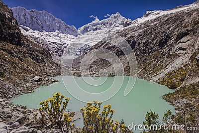 Llaca lake in Cordillera Blanca with snowcapped Andes, Ancash, Peru Stock Photo
