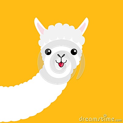 Llama alpaca animal face, long neck. Cute cartoon funny kawaii character. Fluffy hair fur. T-shirt, greeting card, poster template Vector Illustration