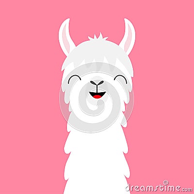 Llama alpaca animal face neck. Fluffy hair fur. Cute cartoon funny kawaii smiling character. Childish baby collection. T-shirt, gr Vector Illustration