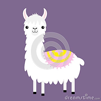 Llama alpaca. Cute cartoon funny kawaii baby character. Childish collection. Fluffy hair fur. Decoration. T-shirt, greeting card, Vector Illustration