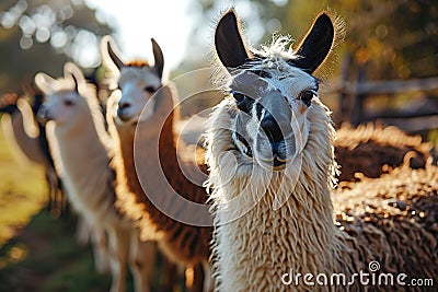 llama or alpaca in a herd in a fenced in area on a farm Stock Photo