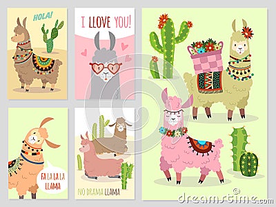 Llama. Baby llamas cute alpaca and cacti wild peru camel, girl party invitation vector set Vector Illustration