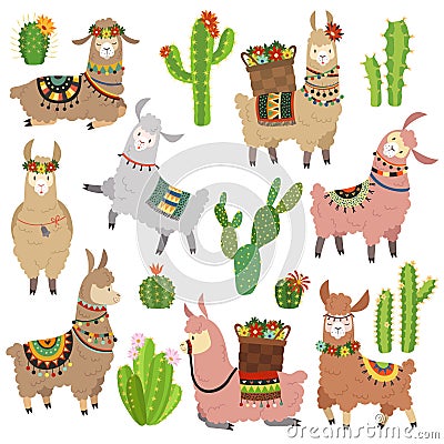 Llama cactus. Chile llamas alpaca and cacti wild lama. Peru camel, girl scrapbook kids funny elements cartoon vector set Vector Illustration