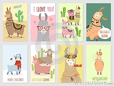 Llama cards. Baby llamas cute alpaca and cacti wild lama. Peru camel, girl party invitation vector set Vector Illustration