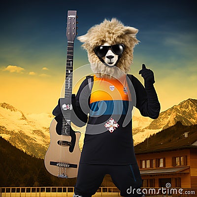 Llama dressed up as an athlete. Portrait of a funny animal wearing jersey. Stock Photo