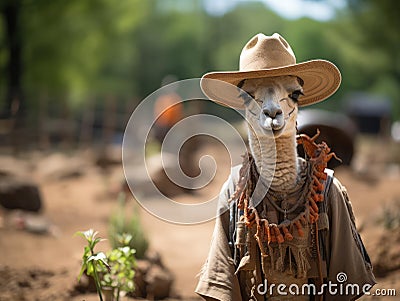 Llama farmer with pitchfork and hat Stock Photo