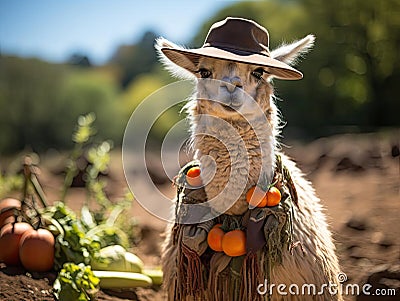 Llama farmer with pitchfork and hat Stock Photo