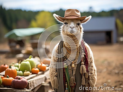 Llama farmer with pitchfork and hat Stock Photo