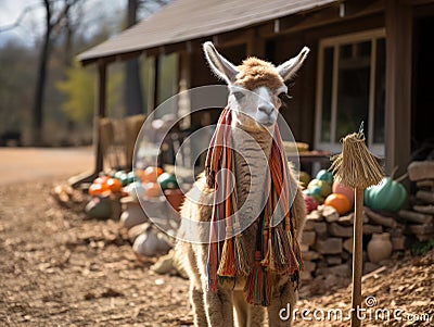 Llama farmer with pitchfork and hat Stock Photo
