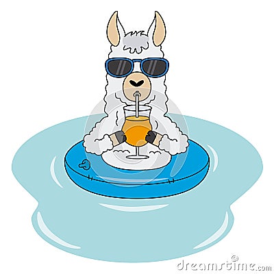 Llama with float, sunglasses and a drink Vector Illustration