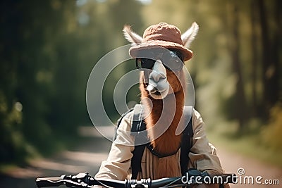 a llama in glasses and panama rides a bicycle, Generative AI Stock Photo