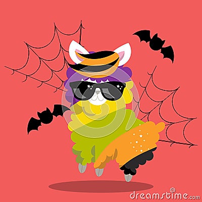 LLAMA HALLOWEEN RAINBOW BAT 07 Vector Illustration